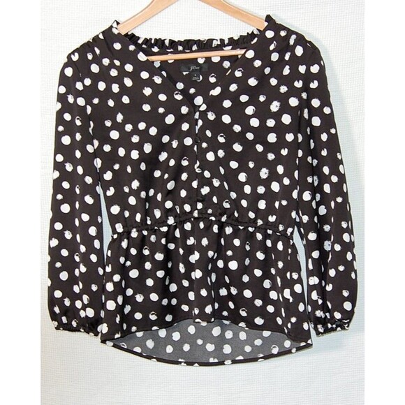 J. Crew Womens Sz 4 Polka Dot Peplum Button Front long sleeve Blouse Black - Picture 1 of 3